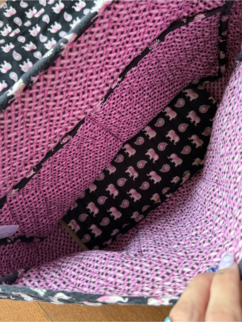 Vera Bradley Quilted Black Crossbody Laptop Bag with Pink & White Elephant Print - Picture 6 of 10